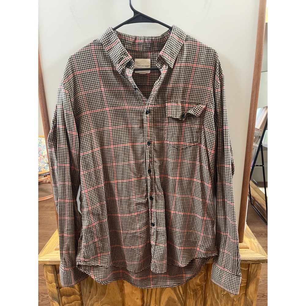 American Eagle Button Down Mens Large Tan Red Plaid Cotton Flannel Style